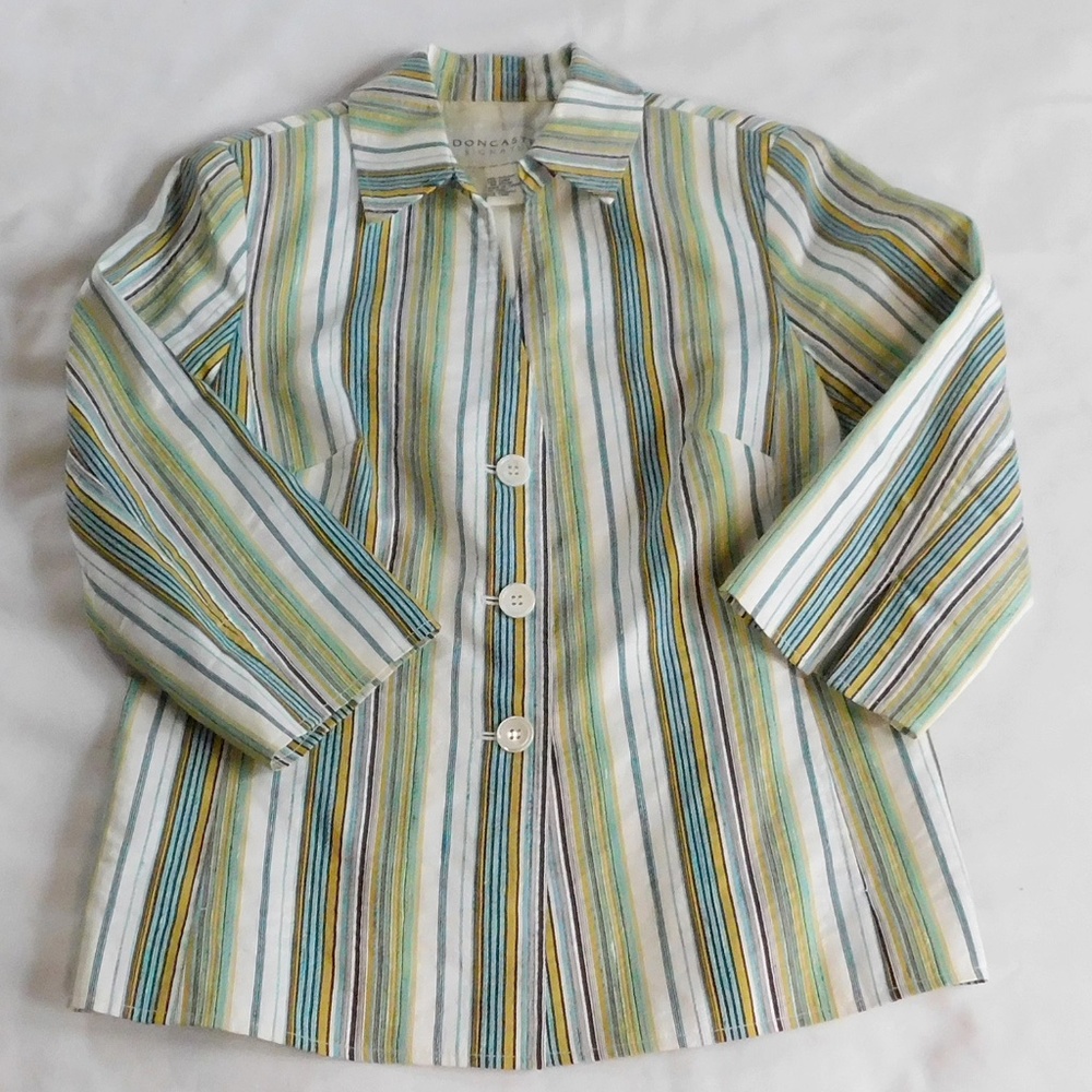Size 8 Light Weight Blazer Jacket Green Pin Striped Button Up Side Pockets